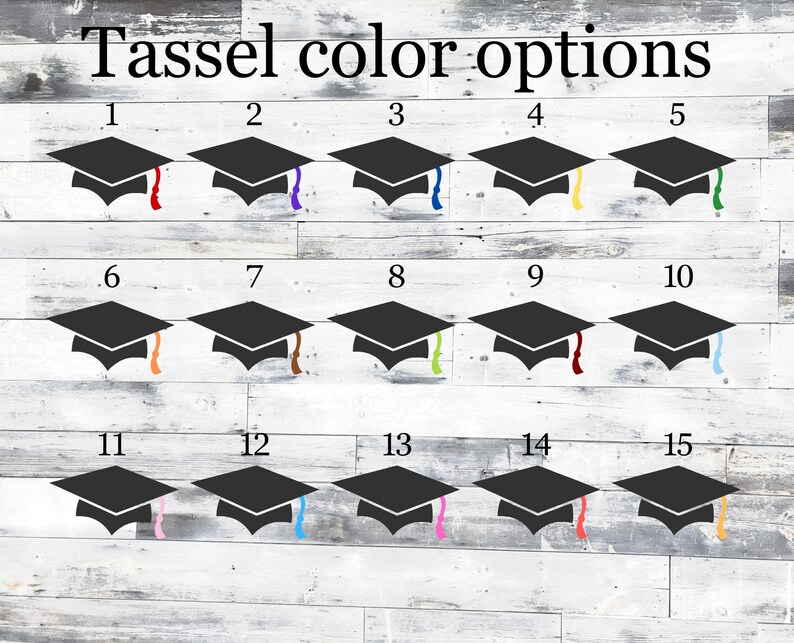 May include: A chart showing 15 different tassel colors for graduation caps. The tassel colors are numbered 1 through 15. The colors include purple, blue, yellow, red, green, brown, pink, light blue, and orange.