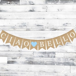Estandarte personalizado de Ciao Bello, decoraciones de baby boy shower, estandarte de nombre personalizado, estandarte de arpillera de baby shower, guirnalda de bebé personalizada