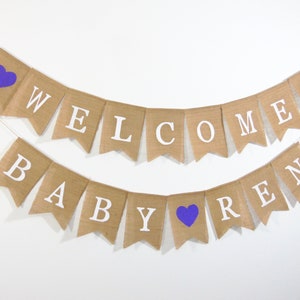 Banner de bienvenida para bebés, pancarta para bebés de arpillera, decoraciones púrpuras de baby shower, pancarta de arpillera de baby shower, banner personalizado de bienvenida para bebés