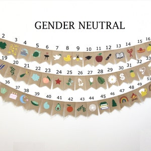 May include: A gender neutral burlap banner with 52 flags. Each flag has a different design, including a star, a pineapple, a sunflower, a rainbow, a peace sign, a graduation cap, a book, a heart, a cloud, a lemon, a turtle, a peach, a bee, a cactus, a dollar sign, a surfboard, a cupcake, a crescent moon, a watermelon, an avocado, an orange, a compass, a stack of books, a pine tree, a campfire, a coffee cup, a starfish, an aloe plant, a globe, a surfboard, a leaf, a grill, a dove, a rubber duck, a bee, an apple, a diploma, a book, maracas, a sombrero, a lemon, a sun, a heart, a cloud, a sun, a sunflower, a rainbow, a campfire, and a coffee cup.