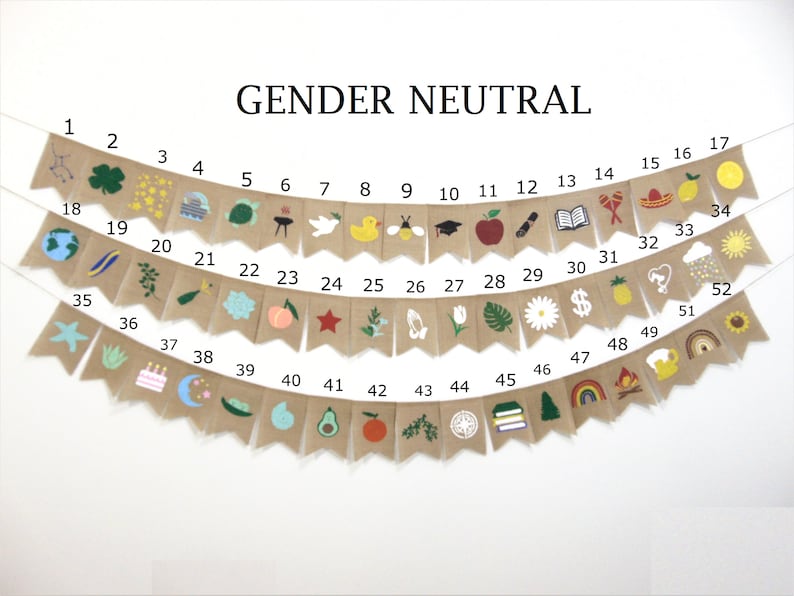 May include: A gender neutral burlap banner with 52 flags. Each flag has a different design, including a star, a pineapple, a sunflower, a rainbow, a peace sign, a graduation cap, a book, a heart, a cloud, a lemon, a turtle, a peach, a bee, a cactus, a dollar sign, a surfboard, a cupcake, a crescent moon, a watermelon, an avocado, an orange, a compass, a stack of books, a pine tree, a campfire, a coffee cup, a starfish, an aloe plant, a globe, a surfboard, a leaf, a grill, a dove, a rubber duck, a bee, an apple, a diploma, a book, maracas, a sombrero, a lemon, a sun, a heart, a cloud, a sun, a sunflower, a rainbow, a campfire, and a coffee cup.