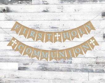 First Holy Communion Boy Banner, God Bless Banner, Custom Personalized Communion Banner God Bless Bunting First Communion Burlap Garland