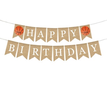 Basketball Birthday Banner, Happy Birthday Burlap Banner, Basketball Birthday Bunting, Rustic Birthday Decor, Birthday Party Banner Name