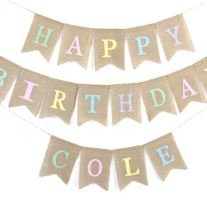 Happy Birthday Burlap Banner, Happy Birthday Pastel Colors, Custom Personalized Birthday Banner, Pastel Rainbow 1st Birthday Decorations