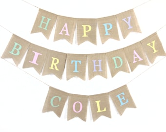 Happy Birthday Burlap Banner, Happy Birthday Pastel Colors, Custom Personalized Birthday Banner, Pastel Rainbow 1st Birthday Decorations