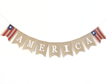 America Burlap Banner, 4th of July Decor, American Flag Banner, Patriotic Banner, 4th of July Banner, Independence Day Banner, Patriot