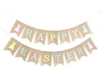 Happy Easter Banner, Easter Decor, Easter Bunting, Easter Garland, Easter Bunny Banner, Burlap Bunting, Easter Decorations, Happy Easter