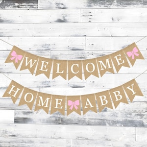 Banner de bienvenida a casa para bebé, banner de arpillera para bebé, decoraciones para baby shower, banner de arpillera para baby shower, banner de bienvenida a casa personalizado