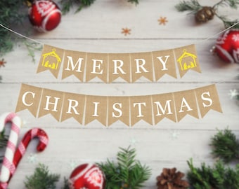Vrolijk kerstfeest-banner, kerstmantelversieringen, kerstmantelbanner, rustiek kerstdecor, rustieke vakantie boerderijdecoraties