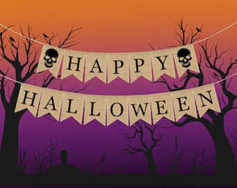 Happy Halloween Burlap Banner, Halloween Decorations, Halloween Banner, Happy Halloween, Banner Bunting, Halloween Decor, Rustic Decor