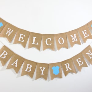 Estandarte de bienvenida para bebés, estandarte de traje de bebé, decoraciones de baby shower, estandarte de arpillera de baby shower, estandarte personalizado de bienvenida para bebés