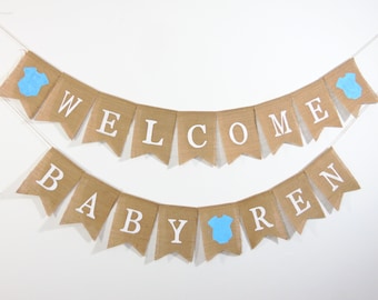 Estandarte de bienvenida para bebés, estandarte de traje de bebé, decoraciones de baby shower, estandarte de arpillera de baby shower, estandarte personalizado de bienvenida para bebés