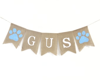 Paw Print Custom Name Banner, Personalized Pet name banner, Burlap Banner, Pet Birthday Name Bunting, Pet Birthday Decor, Custom Pet Banner