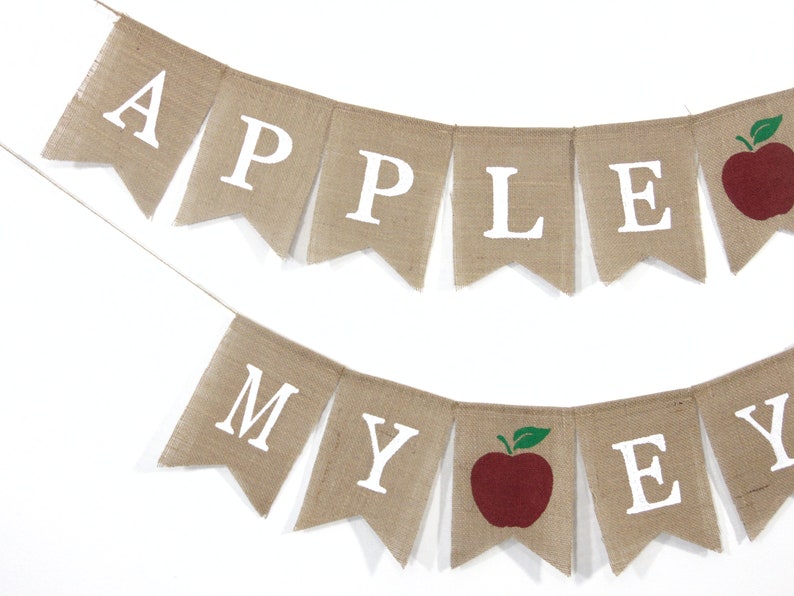Puede incluir: Una pancarta de arpillera con las palabras "APPLE MY" y una manzana roja con una hoja verde en cada extremo. La pancarta est&aacute; enhebrada con un cordel blanco.