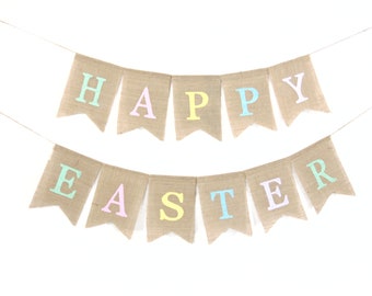 Happy Easter Banner, Easter Decor, Easter Bunting, Easter Garland, Easter Bunny Banner, Burlap Bunting, Easter Decorations, Happy Easter