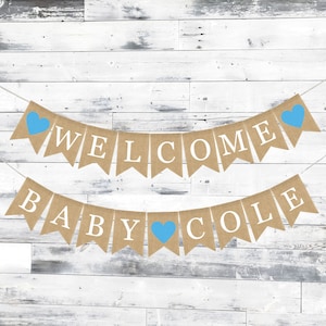 Banner de bienvenida para bebé, Banner de arpillera para bebé, Decoraciones para baby shower, Banner de arpillera para baby shower, Banner de bienvenida personalizado para bebé