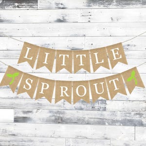 May include: A burlap banner with green leaf accents reads "Little Sprout".