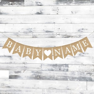 Banner con nombre de bebé personalizado, decoraciones para baby shower de género neutro, banner de género neutro, banner de arpillera para baby shower, banner personalizado para bebé