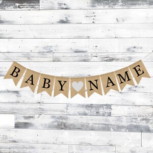 Estandarte de arpillera personalizado, estandarte de nombre personalizado, estandarte de arpillera para bebés, decoración de baby shower, empavesado de guirnaldas de arpillera, baby shower rústico, regalo