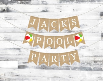 Custom pool party banner, happy birthday jute banner, strandbal verjaardag, spettersplons verjaardag, zomerfeest verjaardag, verjaardagsfeestje