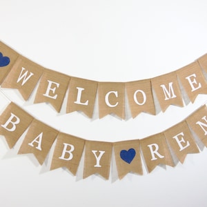 Banner de bienvenida para bebés, Banner para bebés de arpillera, Decoraciones azules para baby shower, Banner de arpillera para baby shower, Banner personalizado personalizado para bebés de bienvenida
