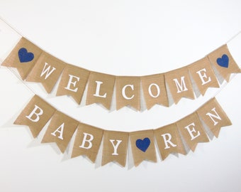 Banner de bienvenida para bebés, Banner para bebés de arpillera, Decoraciones azules para baby shower, Banner de arpillera para baby shower, Banner personalizado personalizado para bebés de bienvenida