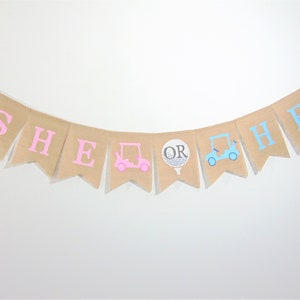 May include: A burlap banner with the words "SHE OR HE" in pink and blue letters. The banner also features a pink golf cart, a golf ball, and a blue golf cart.