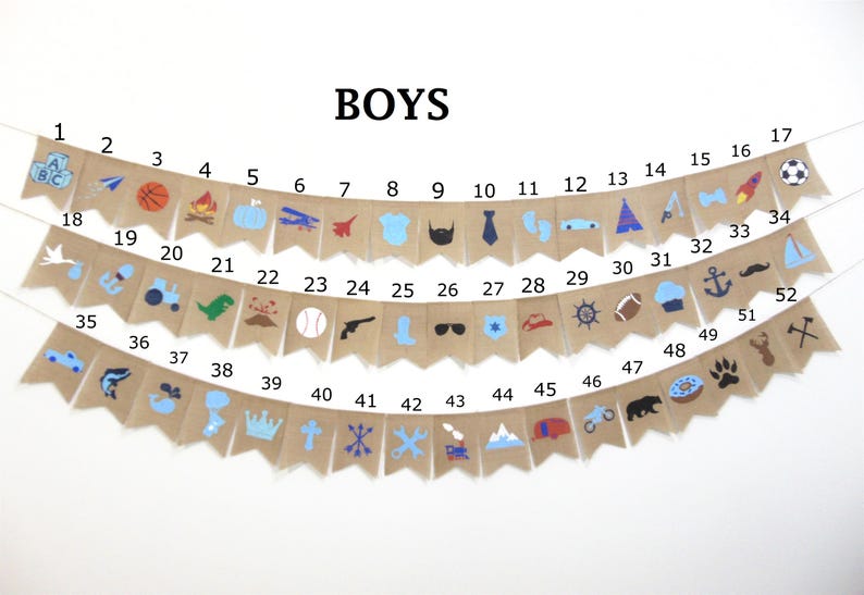 May include: A burlap banner with blue and white illustrations of various boy-themed icons, including a baseball, a sailboat, a rocket, a tie, a crown, and a wrench. The banner is labeled "BOYS" and numbered 1 through 52.