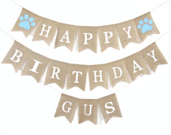 Happy Birthday Paw Print Burlap Banner, Pet Happy Birthday Dog Personalized, Personalized Banner Bunting, Paw Print Party Decor, Pet Party