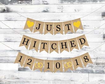 Custom Just Hitched Banner, Wedding Decor, Just Married Bunting, Just Married Garland, Burlap Banner, Burlap Bunting, Wedding Shower Banner