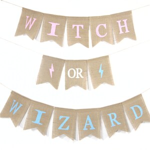 May include: A burlap banner with the words "WITCH OR WIZARD" in pink, white, and blue letters. The banner is strung on a white string and features lightning bolt graphics. Perfect for a Halloween or fantasy-themed party.