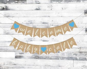 Banner de bienvenida para bebé, Banner de arpillera para bebé, Decoraciones para baby shower, Banner de arpillera para baby shower, Banner personalizado de bienvenida para bebé niño