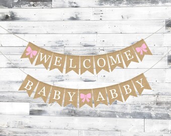 Banner de bienvenida para bebé personalizado, Banner de arpillera para bebé, Decoraciones para baby shower, Baby Shower, Guirnalda de bienvenida para bebé personalizada, Baby Shower de niña