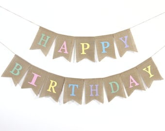 Joyeux anniversaire Bannière en toile de jute, Joyeux anniversaire Couleurs pastel, Bannière d’anniversaire personnalisée personnalisée, Pastel Rainbow 1st Birthday Decorations