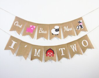 Oink Baa Moo I'm Two Banner, Burlap Birthday Banner, Birthday Decor, Birthday Burlap Banner, Custom Personalized Second Birthday Banner
