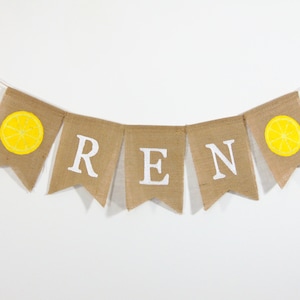 Lemon Slice Custom Name Burlap Banner, Banner de nombre personalizado, Lemon Baby Banner, Guirnalda de arpillera personalizada, Decoraciones de baby shower