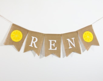 Lemon Slice Custom Name Burlap Banner, Personalized name banner, Lemon Baby Banner, Personalized Burlap Garland, Baby Shower Decorations