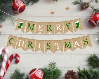 Merry Christmas Banner, Merry Christmas Bunting, Christmas Decor, Holiday Decor, Burlap Bunting Garland, Christmas Decorations, Christmas
