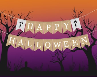 Happy Halloween Burlap Banner, Halloween Decorations, Halloween Banner, Happy Halloween, Banner Bunting, Halloween Decor, Rustic Decor