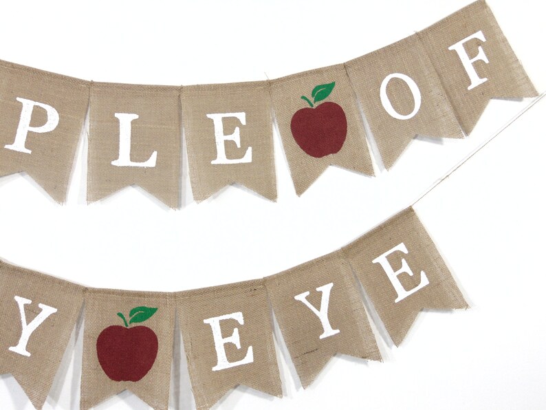 Puede incluir: Una pancarta de arpillera con las palabras "Apple of My Eye" en letras blancas. La pancarta tiene manzanas rojas con hojas verdes.