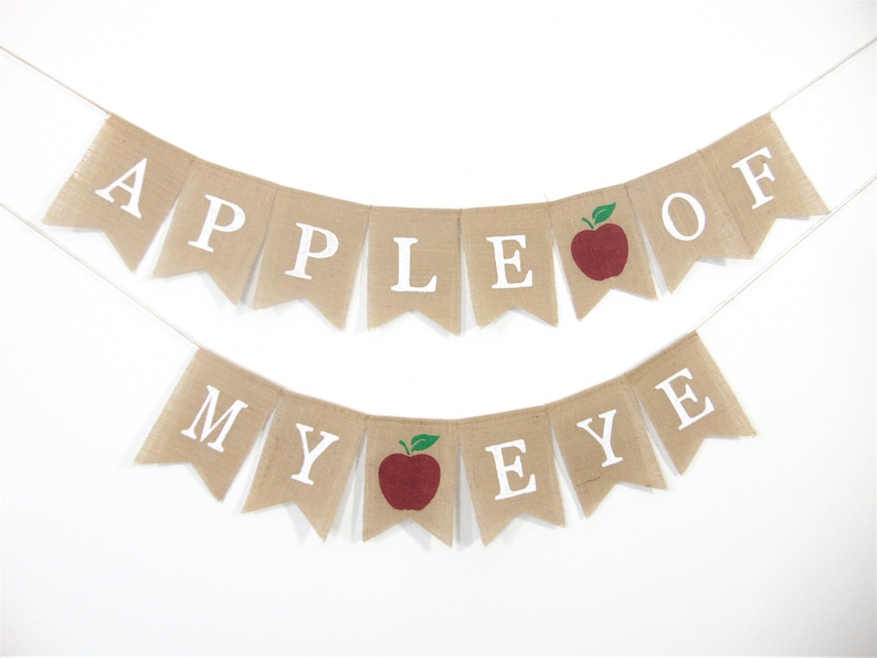 Puede incluir: Una pancarta de arpillera con las palabras "Apple of My Eye" en letras blancas. La pancarta tiene manzanas rojas con hojas verdes.