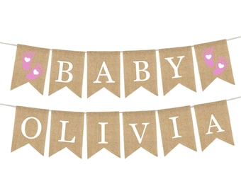 Banner personalizado con el nombre del bebé, decoraciones para baby shower de género neutro, banner de género neutro, banner de arpillera para baby shower, banner personalizado para bebé