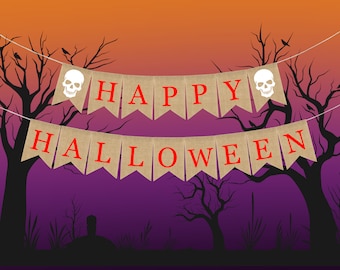 Happy Halloween Burlap Banner, Halloween Decorations, Halloween Banner, Happy Halloween, Banner Bunting, Halloween Decor, Rustic Decor