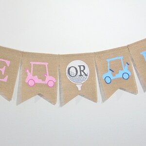 May include: A burlap banner with the words "It's a Girl or Boy" in pink and blue. The banner has a pink golf cart, a golf ball, and a blue golf cart.