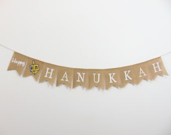 Happy Hanukkah Banner, Dreidel Banner, Hanukkah Decor, Hanukkah garland, Burlap banner, Holiday Decor, Hanukkah Sign, Hanukkah Banner
