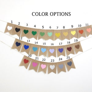 Puede incluir: Una pancarta de arpillera con 25 formas de coraz&oacute;n de diferentes colores. La pancarta est&aacute; enhebrada con una cuerda blanca. Los colores incluyen blanco, negro, verde, azul verdoso, amarillo, naranja, rojo, rosa, azul, morado, marr&oacute;n y gris.