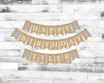 Custom Party Hat Birthday Banner, Happy Birthday Burlap Banner, Happy Birthday Bunting, Rustic Birthday Decorations, Birthday Party Banner