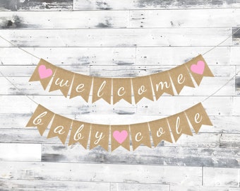 Banner de bebé de bienvenida, estandarte de bebé de arpillera, decoraciones de baby shower, estandarte de arpillera de baby shower, estandarte personalizado de bebé niña