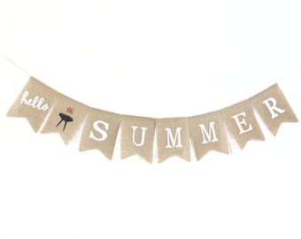 Hello Summer Banner, BBQ Banner, Summer Decorations, Summer 4th of July Decor, Burlap Bunting, Summer Decor, Happy Summer, Summer Bunting