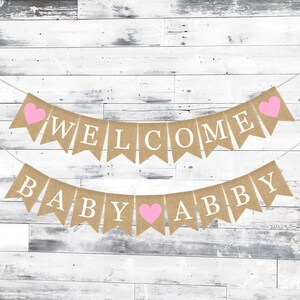 Banner de bienvenida para bebé, Banner de arpillera para bebé, Decoraciones para baby shower, Banner de arpillera para baby shower, Banner personalizado para niña bebé